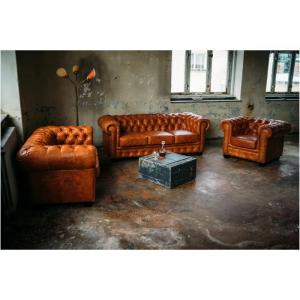 Sedací souprava Chesterfield světle hnědá vintage