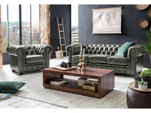 Masivní sedací souprava Chesterfield z pravé kůže, zelená