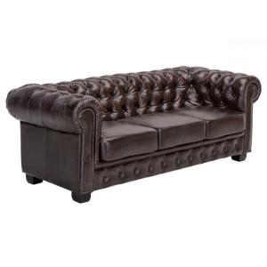 Třímístná pohovka Chesterfield pravá kůže hnědá