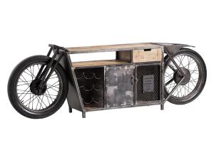 Masivní barový stůl Harlow Bike s motocyklovou konzolou a držákem na lahve, materiál kov a mango, lakovaný