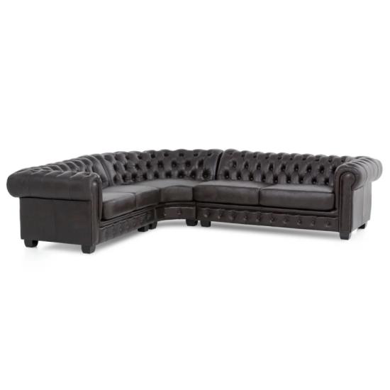 Masivní rohová sedací souprava Chesterfield z pravé kůže, hnědá